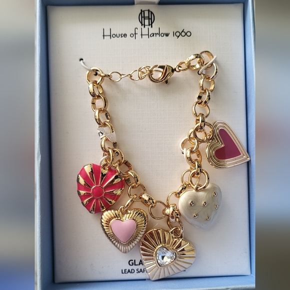 House of Harlow 1960 Jewelry - House of Harlow 1960 Gold and Pink Heart Charm Bracelet